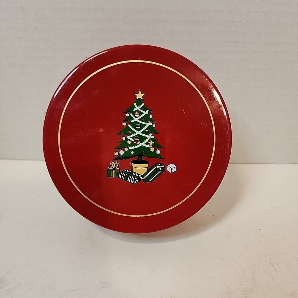 Vtg S & S Lacquer Ware – Christmas Set of 6 Red With Christmas Tree Coasters
